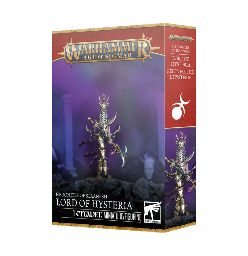 Warhammer Age of Sigmar: Hedonites of Slaanesh - Lord of Hysteria features a detailed, multi-armed armored figure with weapons, set against a vivid purple backdrop.