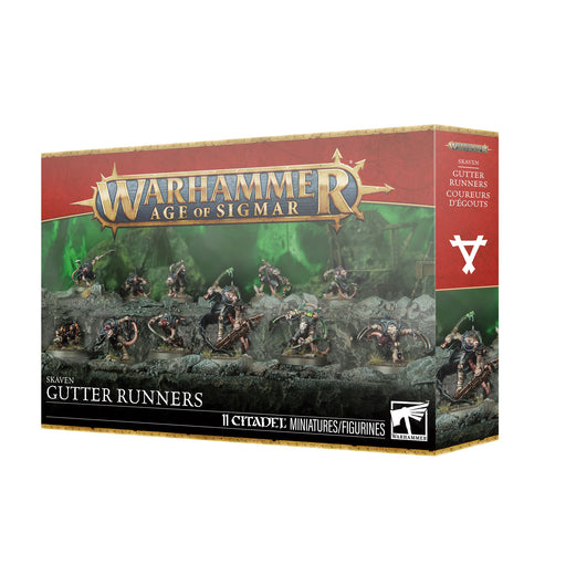 Warhammer Age of Sigmar: Skaven - Gutter Runners box featuring dynamic rat-like warriors. Includes 11 Citadel miniatures and bilingual (English/French) text on the packaging.