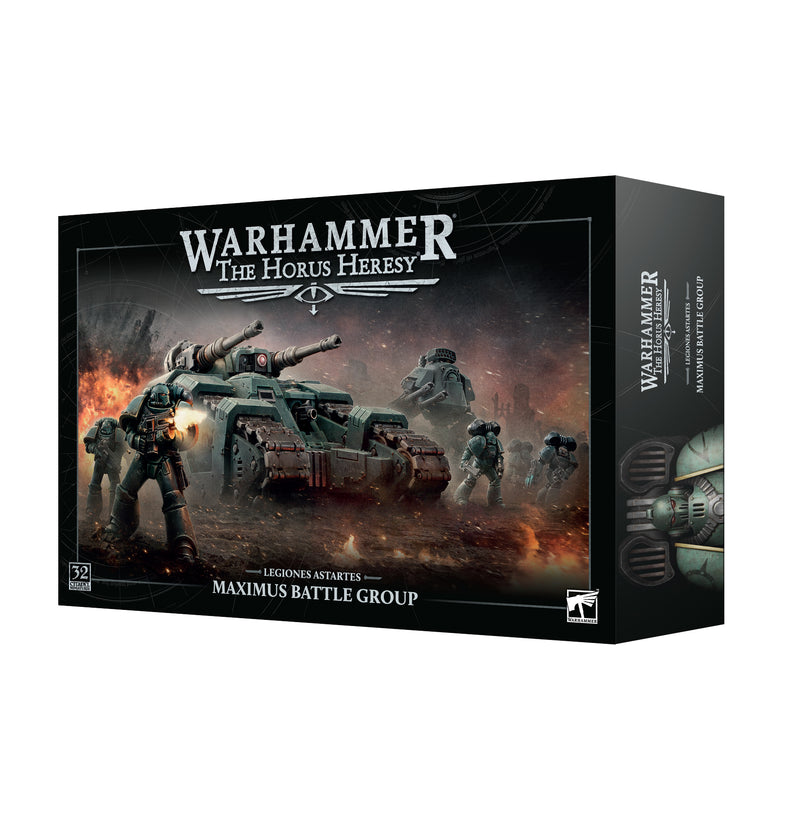 Horus Heresy: Maximus Battle Group box featuring detailed artwork and Legiones Astartes miniatures, including the Sicaran Battle Tank.