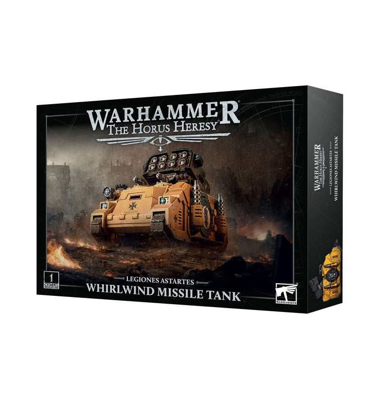Horus Heresy: Whirlwind Missile Tank model kit, showcasing a yellow armored tank with missile launchers moving through a smoky battlefield.