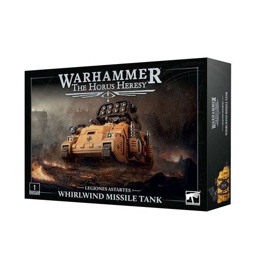 Horus Heresy: Whirlwind Missile Tank model kit, showcasing a yellow armored tank with missile launchers moving through a smoky battlefield.