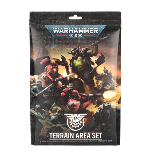 A package labeled Warhammer 40k: Terrain Area Set displays armored troops and an orc-like foe clashing in a blazing, war-ravaged scene—perfect for Warhammer 40,000 gaming layouts.