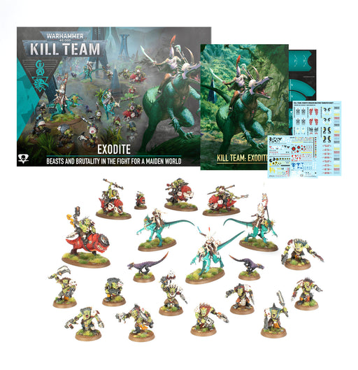 Warhammer 40k: Kill Team - Exodite box set, including painted miniatures, rulebook, game cards, token sheet, and sticker sheet displayed against a white background.