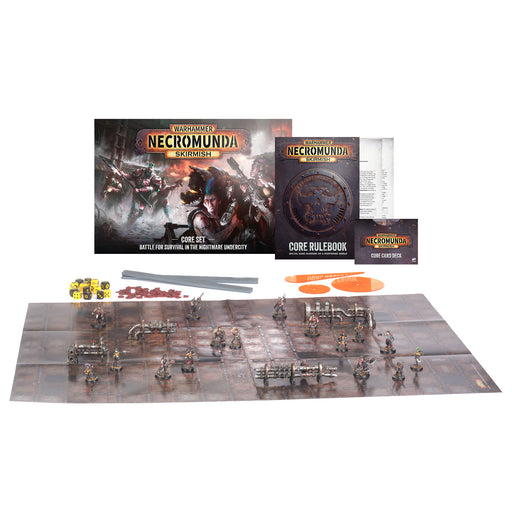 Necromunda: Skirmish Core Set from Games Workshop, displayed on a white background, includes rulebooks, gaming map, miniatures, dice, tokens, and terrain pieces.