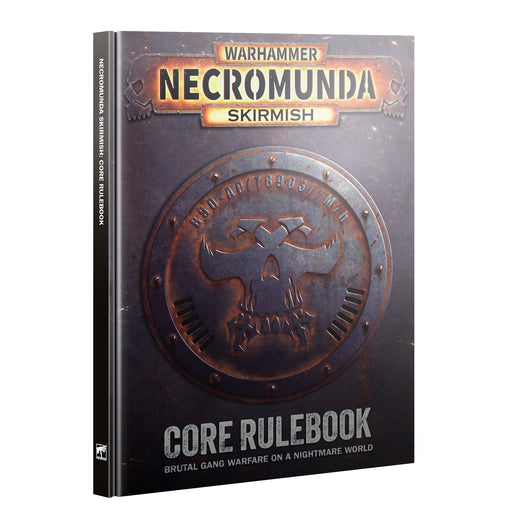 The cover of the Necromunda: Core Rulebook (2026) features a striking metallic skull emblem along with the tagline “Brutal Gang Warfare on a Nightmare World.”.