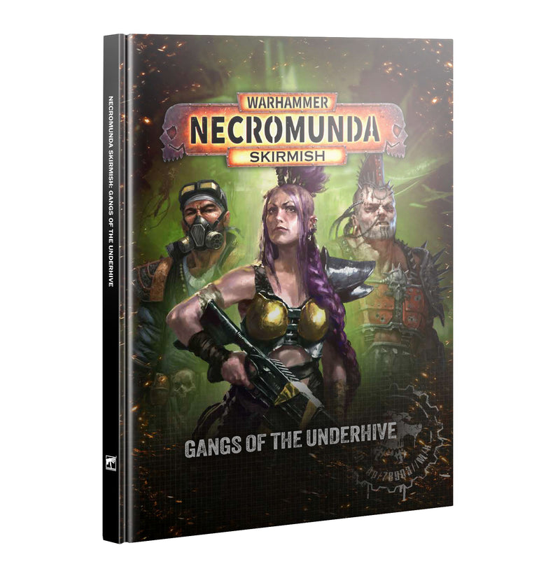 The Necromunda: Gangs of the Underhive (2026) rulebook features three armed characters in front of a mechanical-themed background on its cover.