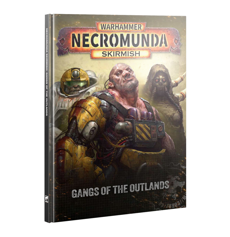 The upcoming Necromunda: Gangs of the Outlands (2026) skirmish book from Games Workshop showcases three armored, cybernetic characters—a robot, a hulking cyborg, and a masked figure—on its cover set against a rugged landscape. This volume explores the dangerous gangs and unforgiving terrain of Necromunda’s outlands.