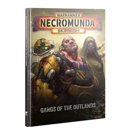 The upcoming Necromunda: Gangs of the Outlands (2026) skirmish book from Games Workshop showcases three armored, cybernetic characters—a robot, a hulking cyborg, and a masked figure—on its cover set against a rugged landscape. This volume explores the dangerous gangs and unforgiving terrain of Necromunda’s outlands.