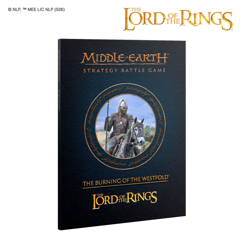 LOTR: Middle Earth Strategy Game: Journal - Burning of the Westfold features a circular illustration of an armored rider on horseback on a dark cover, with official Lord of the Rings branding from Games Workshop.