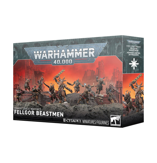 Warhammer 40k: Chaos Space Marines - Fellgor Beastman box features painted miniatures of beast-like warriors wielding weapons, displayed against a fiery, ruined city backdrop. The front shows ten fierce figures that capture the chaos and ferocity characteristic of Chaos Space Marines.