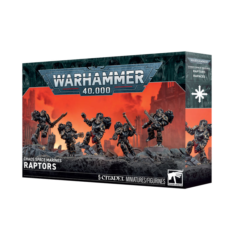 Warhammer 40k: Chaos Space Marines - Raptors box showcases five armored Chaos Space Marine Raptor miniatures against a dramatic, fiery city ruin background, with product name and contents highlighted on the cover.