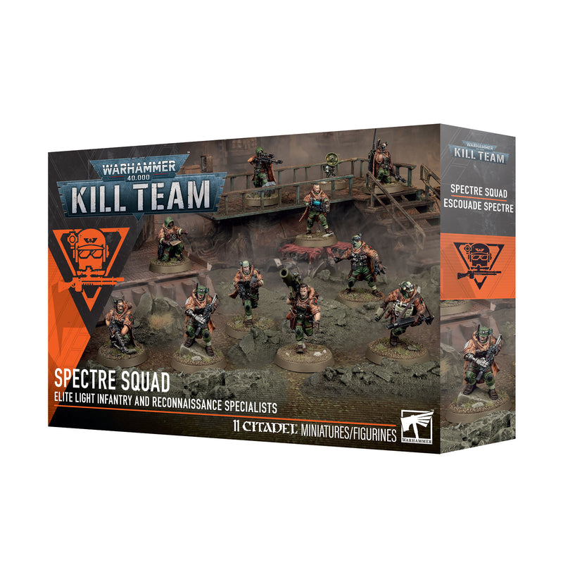 Warhammer 40k: Kill Team - Spectre Squad box set, showcasing painted models of elite infantry in action on the front alongside official product name and branding.