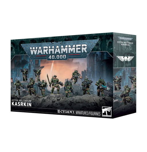 Warhammer 40k: Astra Militarum - Kasrkin includes a box of 10 Citadel miniatures, showcasing expertly painted figures in green armor set against a rocky terrain background.
