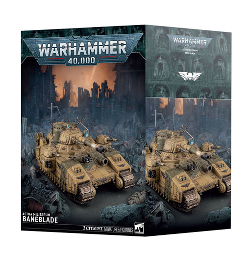 Warhammer 40k: Astra Militarum - Baneblade model kit box, showcasing artwork of a massive tan tank in a devastated cityscape, with product information and logos displayed on the packaging.