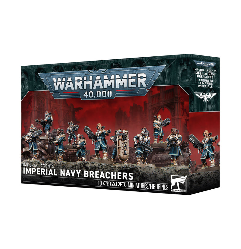 Warhammer 40k: Imperial Agents - Imperial Navy Breachers box featuring 10 assembled miniatures equipped with space armor, weapons, and a shield, displayed against a gothic sci-fi background from Games Workshop.