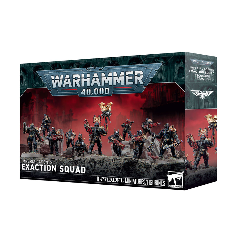 Warhammer 40k: Imperial Agents - Exaction Squad features a box of 11 Citadel miniatures, shown painted and posed in a dramatic, red-lit, ruined industrial setting.