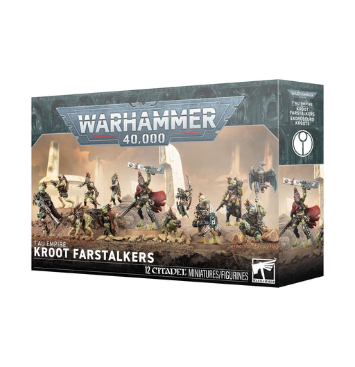 Warhammer 40k: Tau Empire - Kroot Farstalkers box set, featuring 12 painted Citadel miniatures displayed in a desert landscape with monoliths.