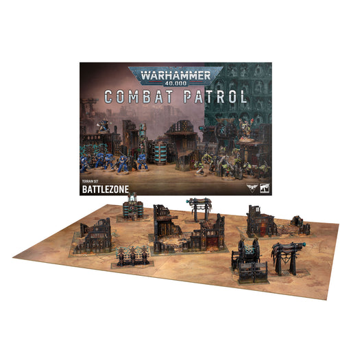 Warhammer 40k: Combat Patrol - Battlezone by Games Workshop features unpainted miniatures, terrain pieces, and a battlefield mat, all displayed to showcase detailed sci-fi buildings and structures for tabletop gaming.