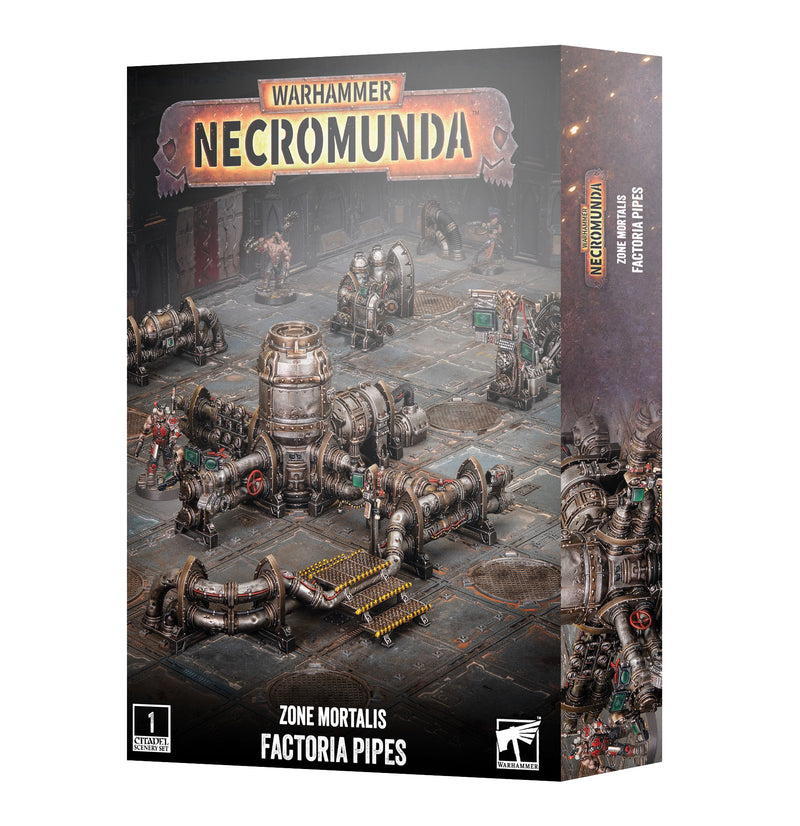 Necromunda: Zone Mortalis: Factoria Pipes box, showcasing industrial-themed terrain pieces arranged on a gaming surface alongside painted miniatures and detailed machinery in a moody, atmospheric setting.