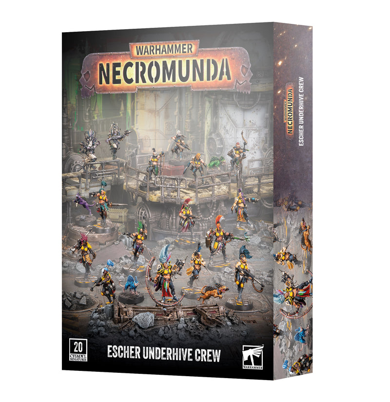 Box of Necromunda: Escher Underhive Crew miniatures, showcasing 20 vibrant, armed female figures in dynamic poses within a detailed industrial sci-fi environment, complete with the product name and Games Workshop branding on the packaging.