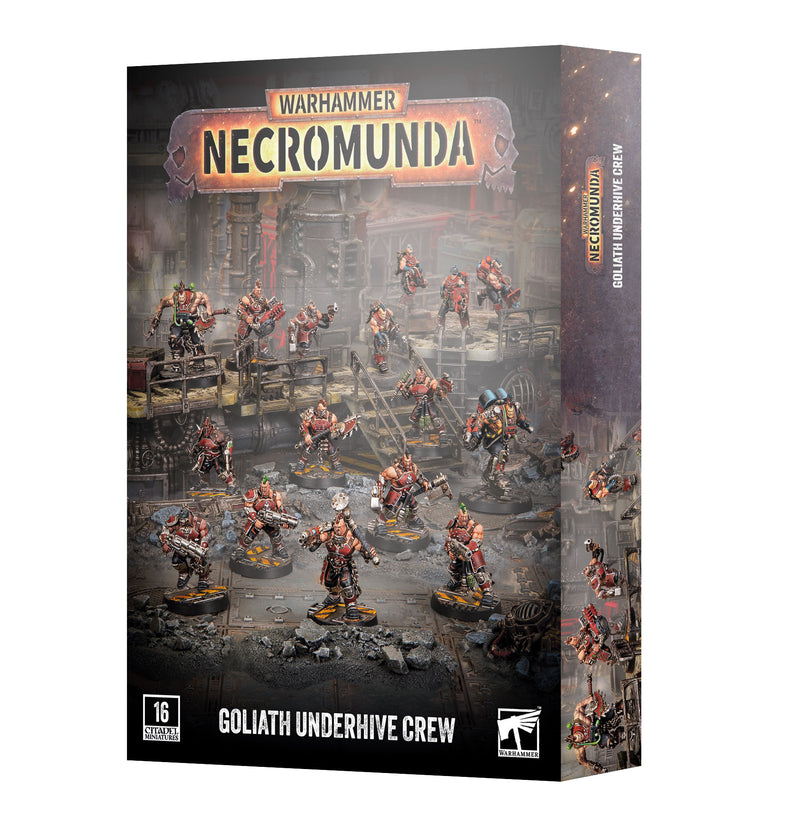 Box for Necromunda: Goliath Underhive Crew by Games Workshop, showcasing painted miniatures posed in a gritty, industrial environment. The packaging is predominantly dark with striking red and metallic highlights, along with bold game branding.