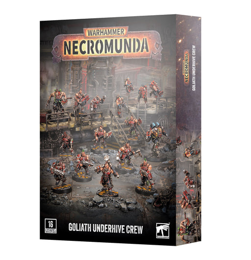 Box for Necromunda: Goliath Underhive Crew by Games Workshop, showcasing painted miniatures posed in a gritty, industrial environment. The packaging is predominantly dark with striking red and metallic highlights, along with bold game branding.