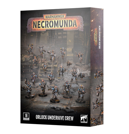 Box of Necromunda: Orlock Underhive Crew miniatures, showcasing painted figures posed on an industrial terrain backdrop. The packaging features the Games Workshop logo, set name, and a recommended age of 18+.