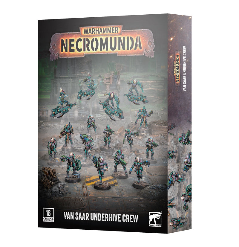 Box of Necromunda: Van Saar Underhive Crew miniatures, featuring 16 assembled and painted futuristic figures in teal armor, posed in a post-apocalyptic setting with industrial details.