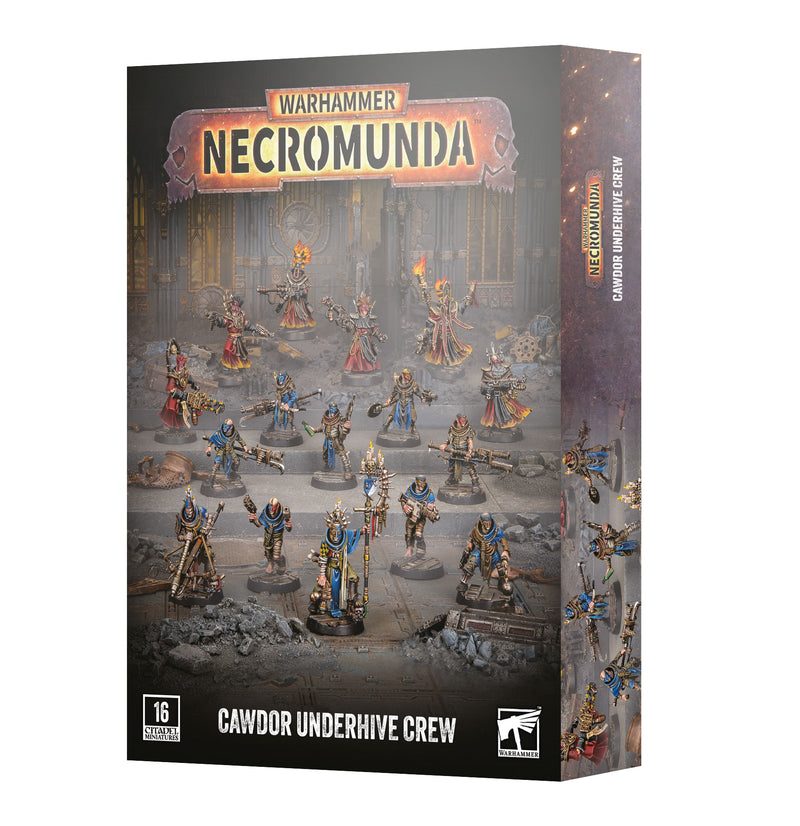 Box for Necromunda: Cawdor Underhive Crew, showcasing painted miniatures from the Cawdor Underhive Crew set arranged before a dark industrial setting, with prominent Games Workshop branding and Necromunda logos.
