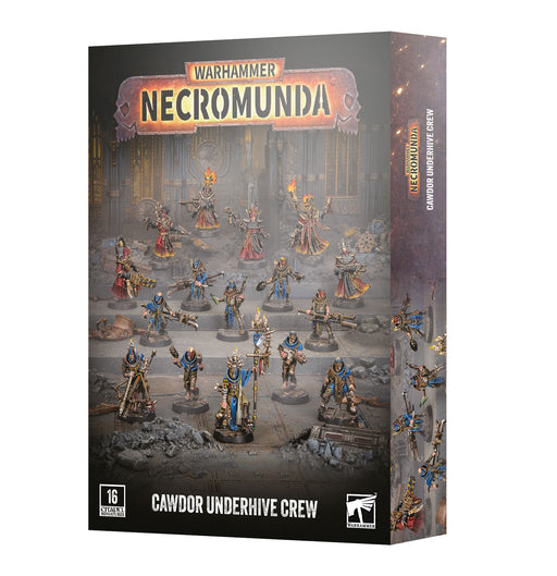 Box for Necromunda: Cawdor Underhive Crew, showcasing painted miniatures from the Cawdor Underhive Crew set arranged before a dark industrial setting, with prominent Games Workshop branding and Necromunda logos.