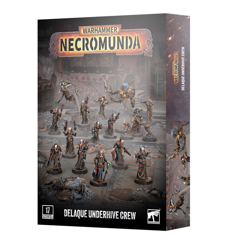Box art for Necromunda: Delaque Underhive Crew by Games Workshop, showcasing painted miniatures in a dark, industrial environment. The box indicates that 17 miniatures are included.