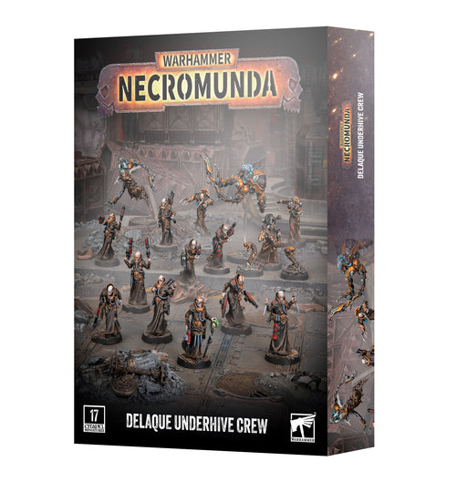Box art for Necromunda: Delaque Underhive Crew by Games Workshop, showcasing painted miniatures in a dark, industrial environment. The box indicates that 17 miniatures are included.