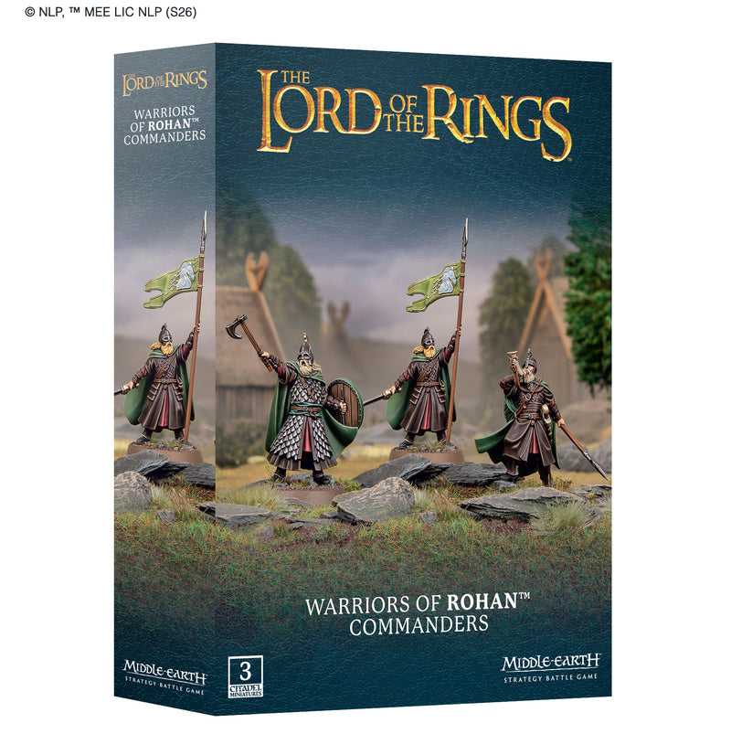 LOTR: Middle Earth Strategy Game—Warriors of Rohan Commanders by Games Workshop, with painted miniatures on Citadel 25mm Round Bases, set against a village backdrop and cloudy sky.