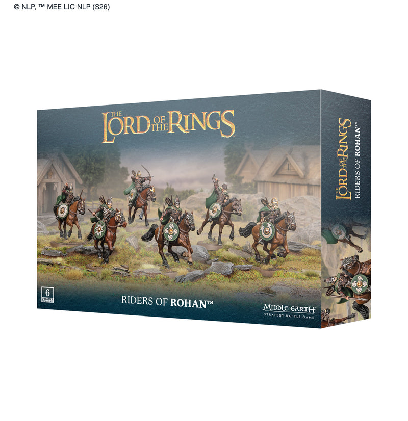 Box art for LOTR: Middle Earth Strategy Game: Riders of Rohan by Games Workshop features six armored riders charging on horseback. Includes plastic components and Citadel 40mm Round Bases.