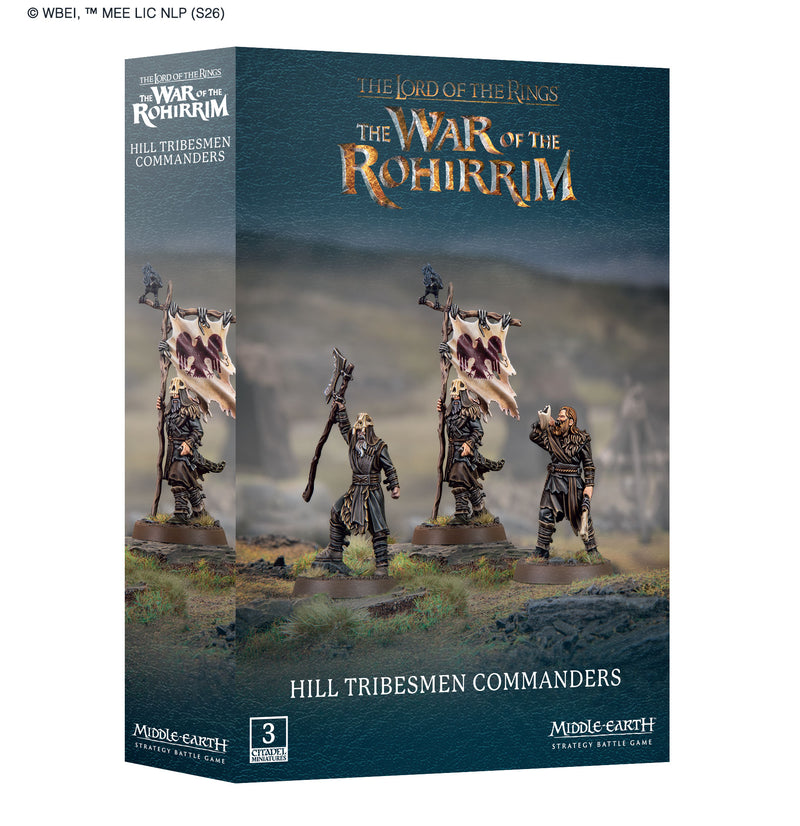 Box art for LOTR: Middle Earth Strategy Game: Hill Tribesmen Commanders by Games Workshop, showing three detailed plastic miniatures on grassy terrain with Citadel 25mm Round Bases.