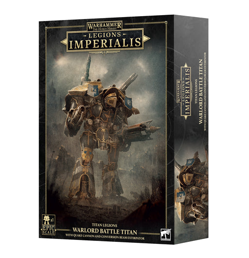 Box for Horus Heresy: Legions Imperialis: Warlord Titan with Quake Cannon & Conversion Beam Extirpator, featuring artwork of a massive, armored war machine wielding a Quake Cannon and a Conversion Beam Extirpator in a smoky, battle-scarred landscape. Logos and product details are displayed on the box.