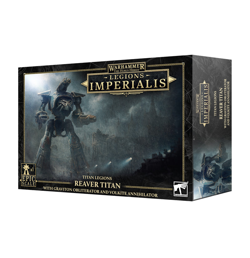 Box for Horus Heresy: Legions Imperialis: Reaver Titan with Graviton Obliterator & Volkite Annihilator model kit, featuring artwork of a large, armored robot armed with a Graviton Obliterator and Volkite Annihilator amid a dark, smoky battlefield.