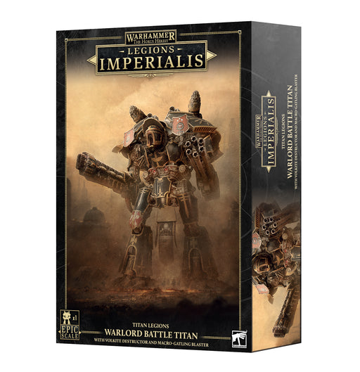 Box art for Horus Heresy: Legions Imperialis: Warlord Titan with Volkite Destructor & Macro-gatling Blaster, showcasing a towering Warlord Titan armed with formidable Volkite Destructor and Macro-gatling Blaster weapons, adorned with banners and set against a smoky, war-torn battlefield.