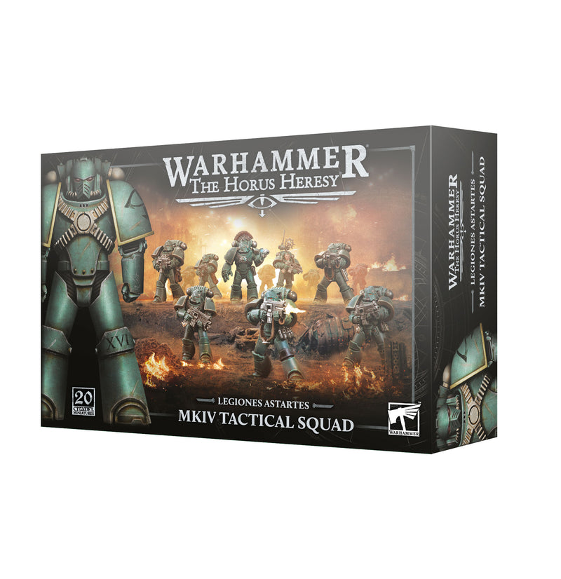 Horus Heresy: MKIV Tactical Squad miniatures box by Games Workshop, showcasing painted figures and official product branding on the front. Please note: due to distribution restrictions, this item ships only to United States addresses.