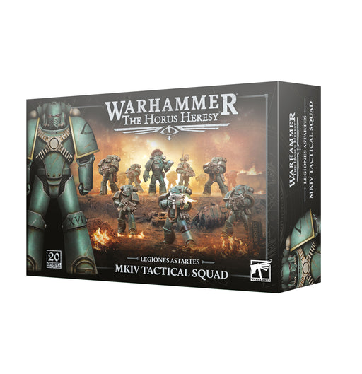 Horus Heresy: MKIV Tactical Squad miniatures box by Games Workshop, showcasing painted figures and official product branding on the front. Please note: due to distribution restrictions, this item ships only to United States addresses.