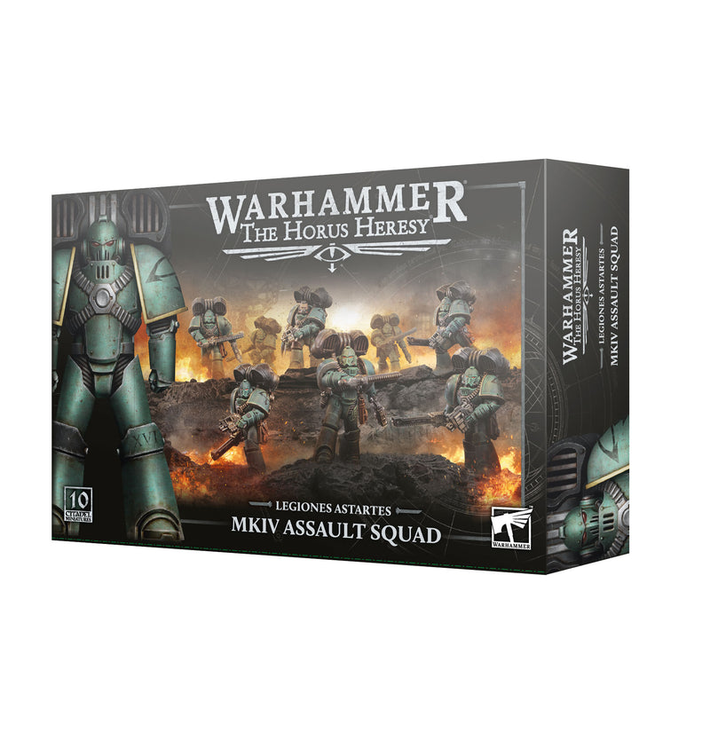 Box of Horus Heresy: MKIV Assault Squad miniatures by Games Workshop, featuring armored figures in dynamic combat poses on the cover, with clear branding and product information. Distribution restrictions may apply outside the United States.