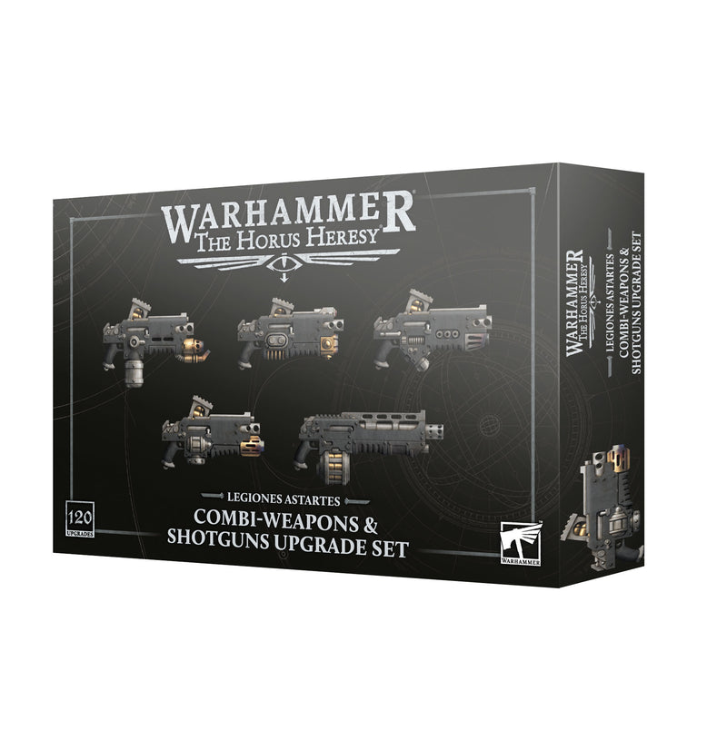 Horus Heresy: Combi-Weapons & Shotguns Upgrades by Games Workshop comes in black packaging with white text, showcasing five guns for Legiones Astartes on the front. Please note there may be distribution restrictions that affect whether we can ship to the United States.