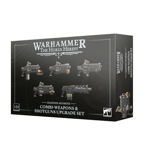 Horus Heresy: Combi-Weapons & Shotguns Upgrades by Games Workshop comes in black packaging with white text, showcasing five guns for Legiones Astartes on the front. Please note there may be distribution restrictions that affect whether we can ship to the United States.