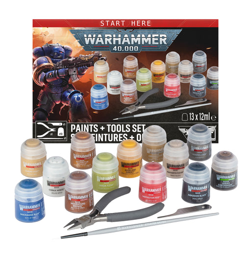 Warhammer 40k: Paints + Tools Set, which includes 13 paint pots, a paintbrush, clippers, and a miniature-painting tool. Shown in front of a “Start Here” box featuring a futuristic armored soldier, this set is ideal for Warhammer 40k enthusiasts starting their painting adventure.