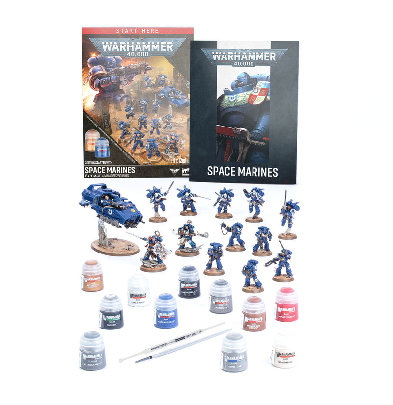 Warhammer 40k: Getting Started With Space Marines by Games Workshop, featuring Space Marines miniatures, paints, brushes, paint pots, an instruction booklet, and a figure box—all displayed on a white background.
