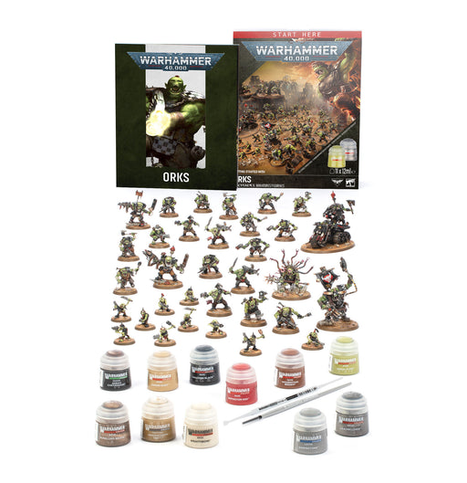 Warhammer 40k: Getting Started With Orks set includes rulebooks, 20 Ork miniatures (both painted and unpainted), assorted paint pots in various colors, and a paintbrush, all presented on a white background—ideal for anyone new to collecting Orks.
