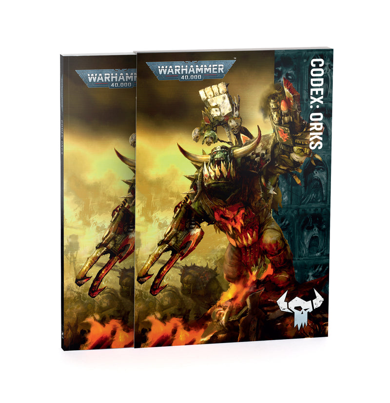 Two copies of the Warhammer 40k: Orks - Codex (2026) from Games Workshop, featuring vibrant, dramatic cover artwork depicting a mechanical Ork riding a fiery beast adorned with a skull emblem.