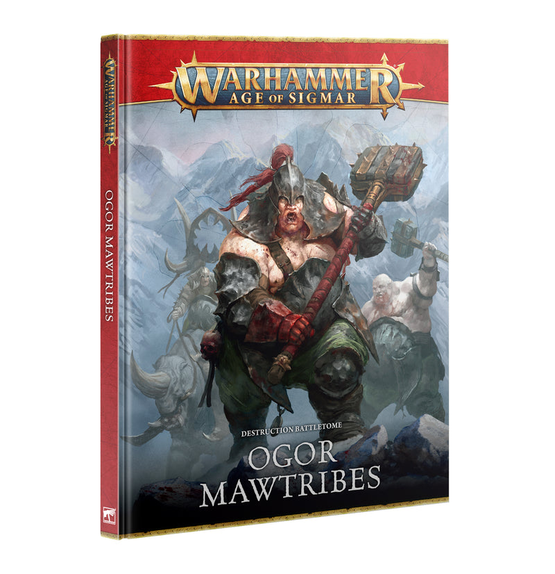 Cover of the Warhammer Age of Sigmar: Ogor Mawtribes - Battletome (2026), featuring a muscular ogre warrior clad in armor and wielding a massive stone hammer, set against a snowy, mountainous landscape.