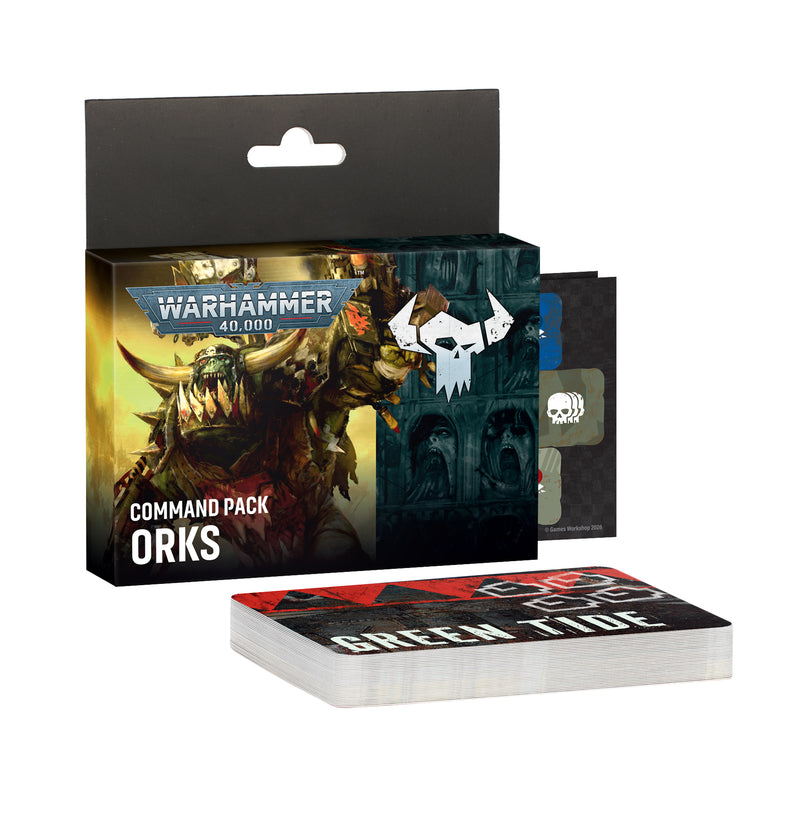 Introducing the Warhammer 40k: Orks - Command Pack, featuring cards and tokens to enhance your games. The box showcases striking Ork artwork, with a prominent GREEN TIDE card displayed at the front. An excellent addition for expanding your Games Workshop collection.