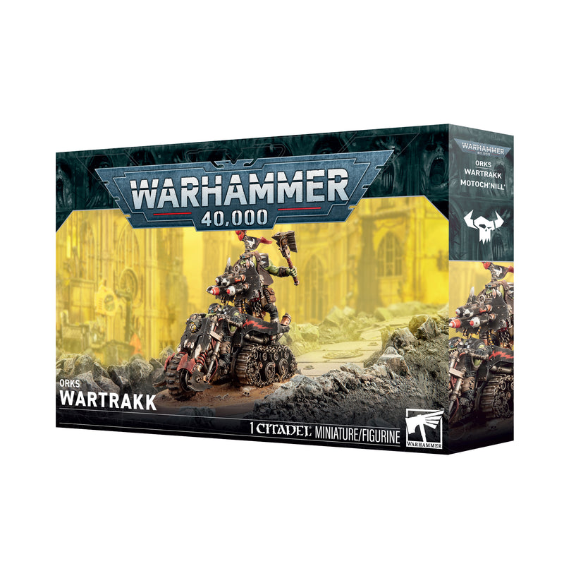 Warhammer 40k: Orks - Wartrakk miniature box, showcasing an Ork riding a heavily armed vehicle set against a yellow, apocalyptic backdrop. The packaging is branded with Warhammer 40k and includes detailed product information.